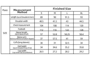 Detailed size chart for plush long sleeve bathrobe including measurements for S to XL sizes