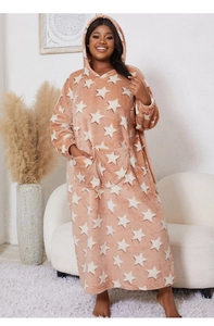 Detail of plush flannel hooded bathrobe with white star pattern and large front pocket
