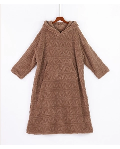 Brown oversized fleece hoodie sleepwear with textured geometric pattern and front pocket