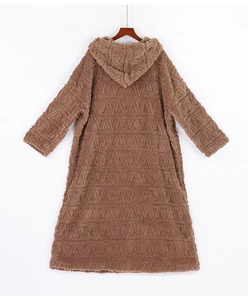 Detail of coffee brown oversized hooded fleece robe with geometric embossed patterns