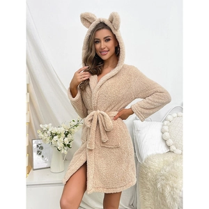 Plush beige fleece bathrobe with animal ears on hood and adjustable waist tie