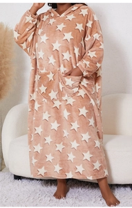 Detailed close-up of warm flannel star pattern hoodie robe with large front pocket