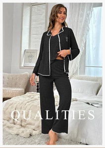 Dreiteiliges schwarzes Loungewear-Set mit Rippstruktur, Kontrastpaspel und Herzmotiv