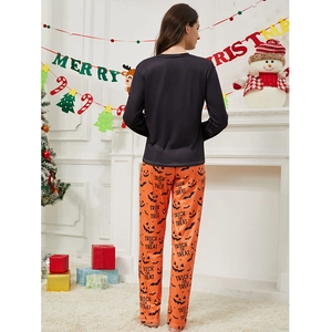 Damen Halloween Schlafanzug Set mit Langarmshirt und Hose mit Kürbis-Aufdruck