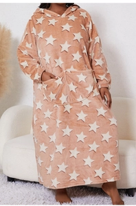 Detail of warm brown flannel hooded robe featuring white stars and large front pocket