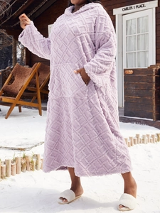 Detail of lavender fleece oversized hoodie robe with diamond texture and large front pockets