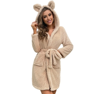 Plush khaki hooded bathrobe with cute bear ears and waist tie for winter comfort