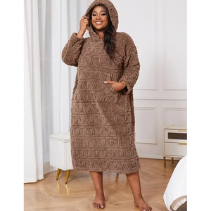 Women Plus Size Hooded Fleece Nightgown Geometric Pattern Winter Warm Loungewear Long Sleeve Sleepwear Coffee Robe