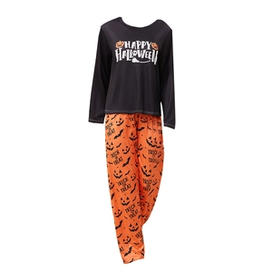 Halloween-Schlafanzug-Set für Damen mit schwarzem Langarmshirt und Kürbis-Hose