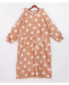 Detailed view of plush flannel hooded bathrobe with star pattern and large front pocket