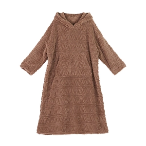 Brown oversized hooded lounge robe in thick plush fleece with geometric embossed pattern