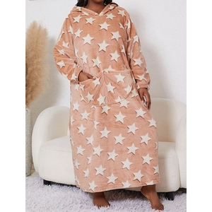 Women Flannel Hooded Star Pattern Long Robe Plus Size Warm Fleece Sleepwear Oversized Blanket Hoodie Nightgown With Pockets