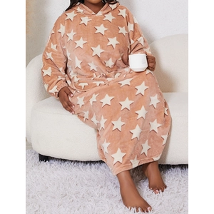 Plush orange flannel hooded nightgown with white star pattern for winter warmth