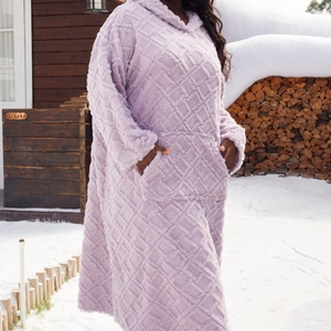 Oversized lavender fleece hoodie blanket with diamond waffle texture and front pocket
