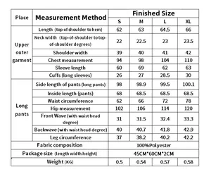 Detailed size chart for coral fleece pajama set including measurements for top and pants
