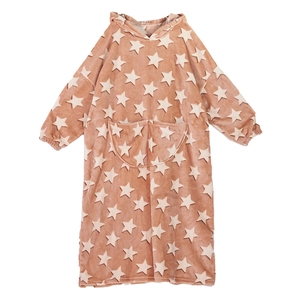 Plush light brown hooded wearable blanket with cream star pattern and kangaroo pocket