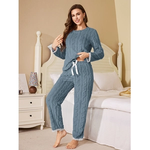 Women's light blue coral fleece pajama set with cable knit texture and lace trim