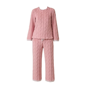 Pink coral fleece pajamas set with cable-knit texture and thick thermal long sleeves