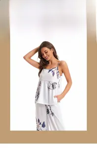 Floral print 3-piece pajama set with spaghetti strap top and wide-leg lounge pants