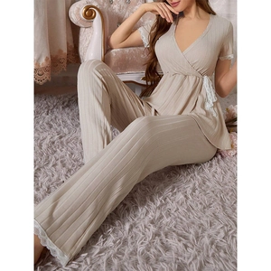 Women's two-piece ribbed knit loungewear set with short sleeves and lace trim