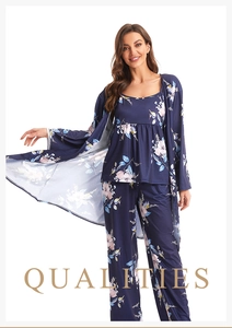 Detailed view of dark blue floral three-piece loungewear set with soft fabric texture