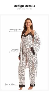 Detail of floral 3-piece pajama set with lace trim V-neck and functional side pockets