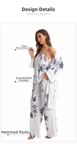 Detail view of women's 3-piece floral pajama set with tank top, pants and robe