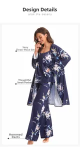 Three-piece floral sleepwear set detail showing functional pockets and hemmed pajama cuffs