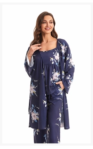 Three-piece floral pajama set with navy robe, tank top and pants in soft cotton fabric