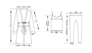 Sizing chart and measurement guide for 3-piece loungewear set including robe and pants
