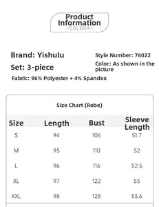 Size chart for women 3-piece pajama set including robe length and fabric details