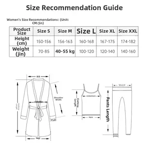 Size chart for women's 3-piece pajama set including robe, camisole, and pants measurements