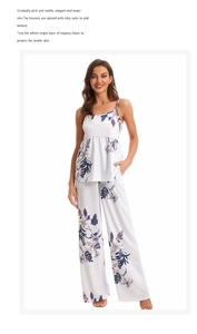 Silky satin floral pajama set with thin spaghetti straps and wide-leg matching pants