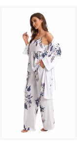 Three-piece floral pajama set with camisole, trousers and belted robe in soft cotton