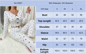 Detailed size chart for heart print long sleeve pajama set with v-neck and loungewear pants