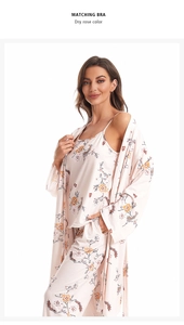 Detailed view of dry rose floral print fabric on a soft 3-piece women's pajama set