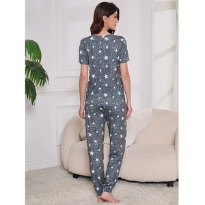 Short sleeve women's star print pajamas set with long pants in soft grey knit fabric