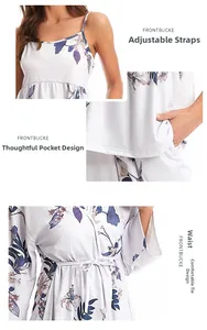 Floral pajama detail showing adjustable straps, side pockets, and waist tie design