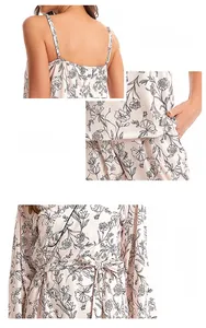 Detail view of pink floral pajama set featuring adjustable straps and functional pockets