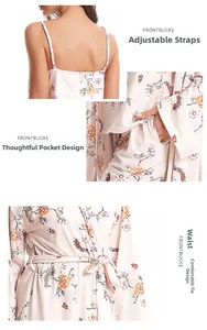 Details of floral pajamas featuring adjustable straps, side pockets, and a waist tie belt