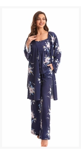 Three-piece navy floral loungewear set with camisole top, long pants, and a matching robe
