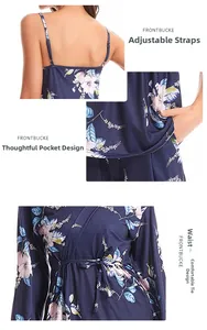 Detail of adjustable straps and side pocket on dark blue floral three-piece pajama set