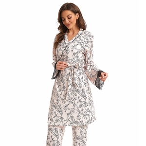 Pink floral cotton 3-piece pajama set with lace trim and belted kimono robe for women