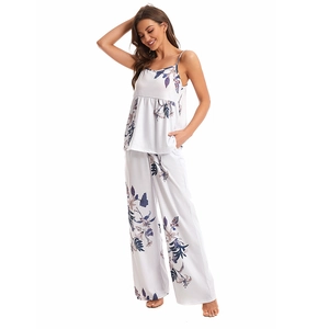 Women's three-piece floral pajamas set with camisole top and wide-leg pants