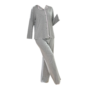 Women's 3-piece loungewear set with ribbed grey fabric and pink piping detail