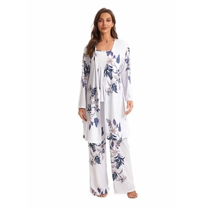 Three-piece women cotton sleepwear set with floral print cardigan, top and pants
