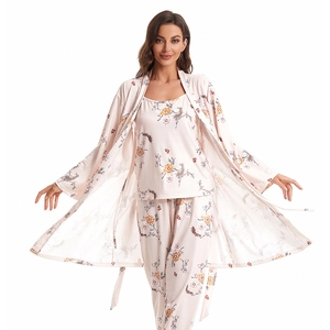 Women Floral Bird Printed Polyester 3 Piece Pajama Set V Neck Robe Cami Long Pants Loungewear Top And Bottom Nightwear