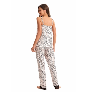 Women's floral cotton pajama set with camisole top, long pants and black lace trim details
