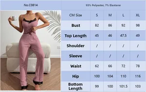 Size chart for women pajama set with ribbed heart top and pants in S to XL dimensions