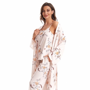 Three-piece women's loungewear set in light pink floral print with robe, cami and pants